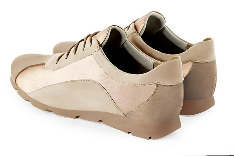 Tan beige, gold and champagne white women's two-tone elegant sneakers. Round toe. Flat rubber soles. Rear view - Florence KOOIJMAN
